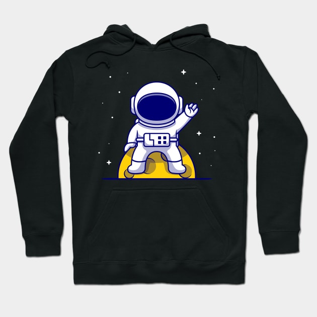 Cute Astronaut Sitting On Moon And Waving Hand Cartoon Hoodie by Catalyst Labs